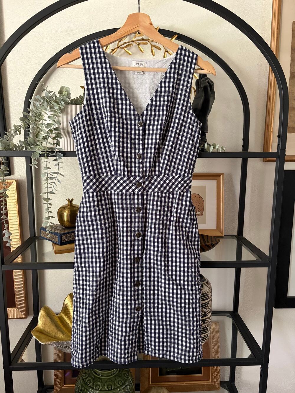 J.Crew Gingham Button Front Mini Dress Womens 00 Navy White Sleeveless V Neck
